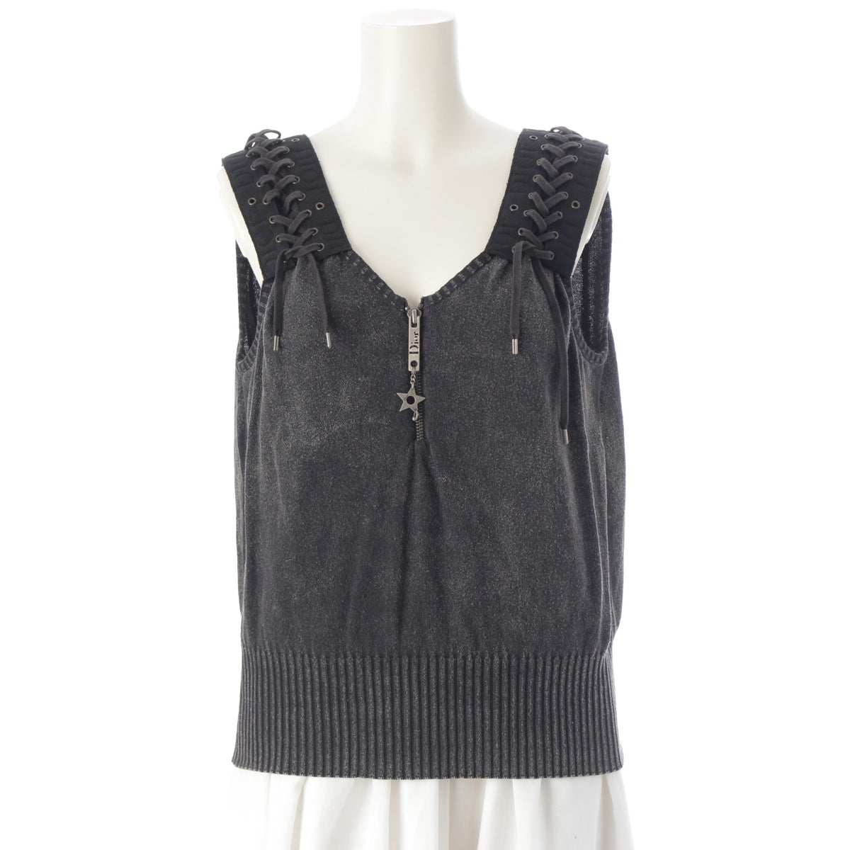 Dior cotton Galliano lace-up logo half-zip knit Cut tops 4E13055000 Gray F42