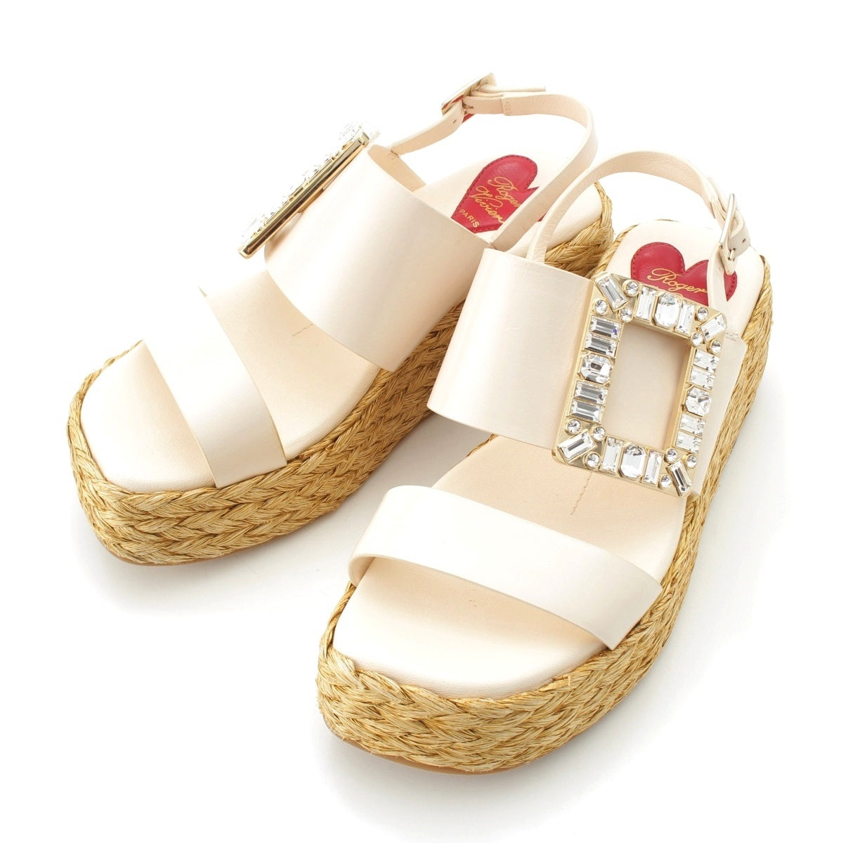 Roger Vivier Strass Buckle Jeweled Wedges Sandals shoes beige 34