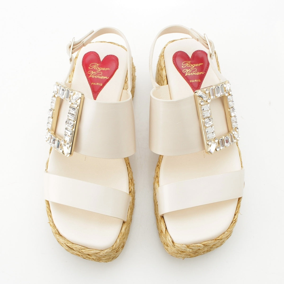 Roger Vivier Strass Buckle Jeweled Wedges Sandals shoes beige 34