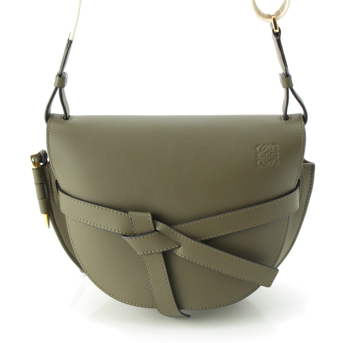 LOEWE Gate leather Dual Gold Jacquard Shoulder Bag Khaki Olive Green Small