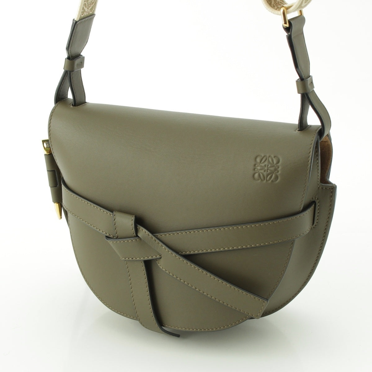 LOEWE Gate leather Dual Gold Jacquard Shoulder Bag Khaki Olive Green Small