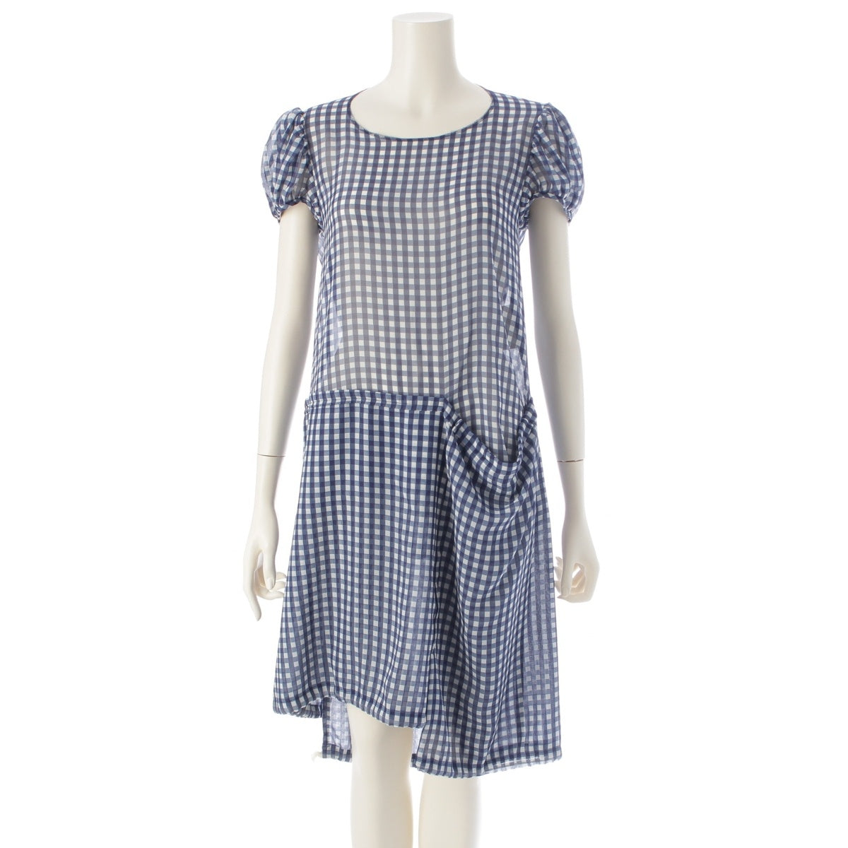 COMME des GARCONS Two-dimensional flat gingham check puff sleeve sheer one piece dress GA-O039 White navy Stainless Steel