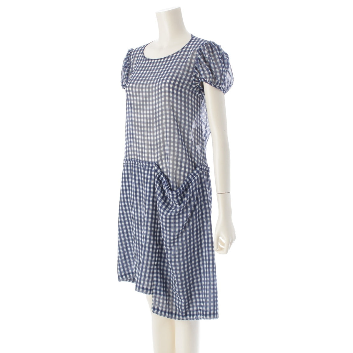 COMME des GARCONS Two-dimensional flat gingham check puff sleeve sheer one piece dress GA-O039 White navy Stainless Steel