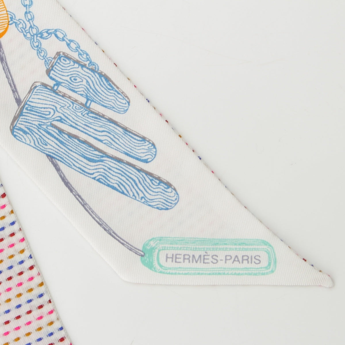 HERMES Twilly Chevaloscope Pointille silk embroidery scarf white