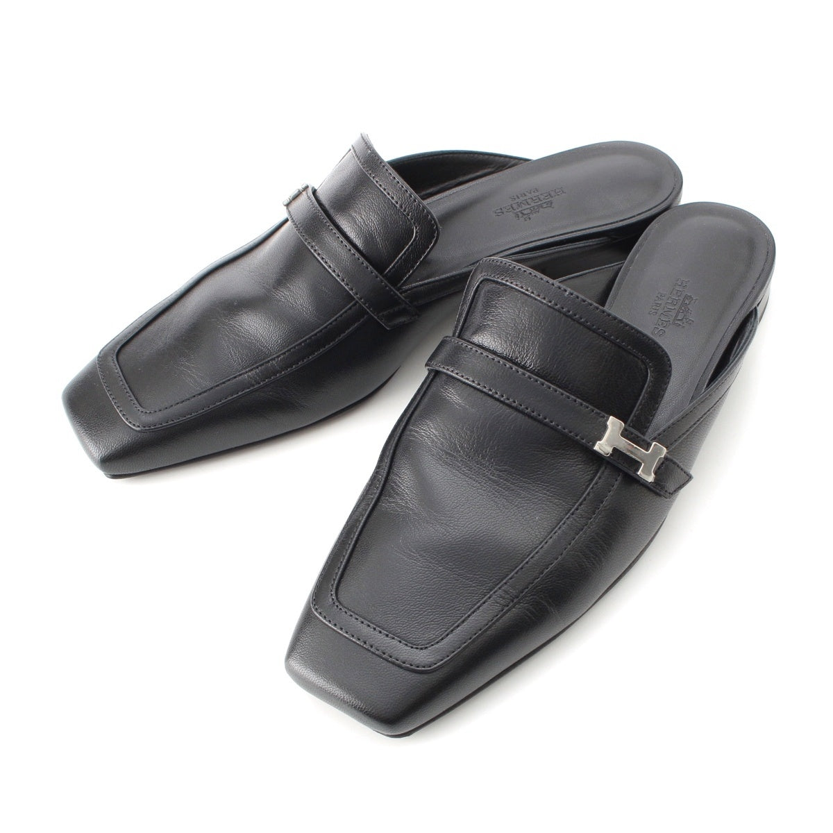 HERMES leather Groupie H motif Mule shoes black 37