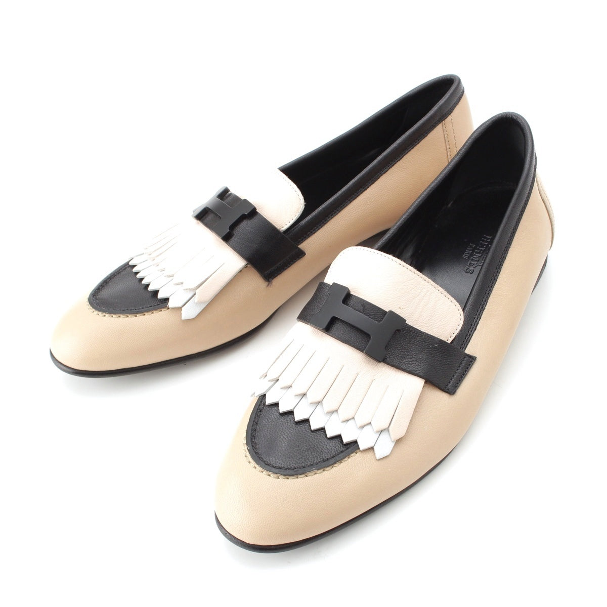 HERMES leather Paris Royale H Logo Moccasins loafers shoes Pink x Beige x Black 39