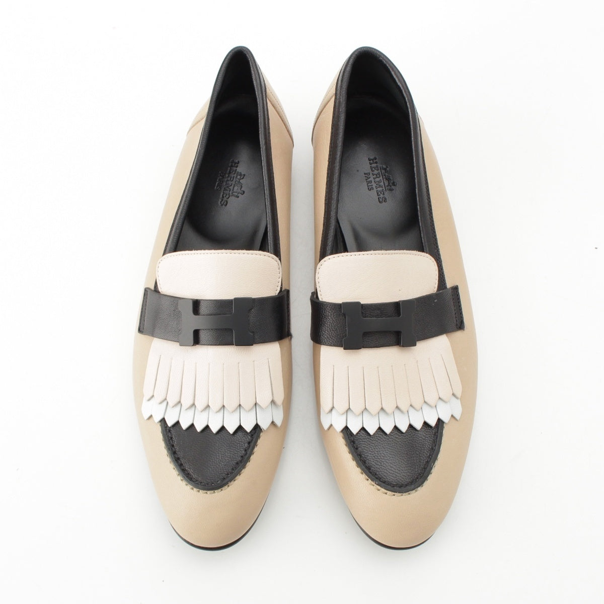 HERMES leather Paris Royale H Logo Moccasins loafers shoes Pink x Beige x Black 39