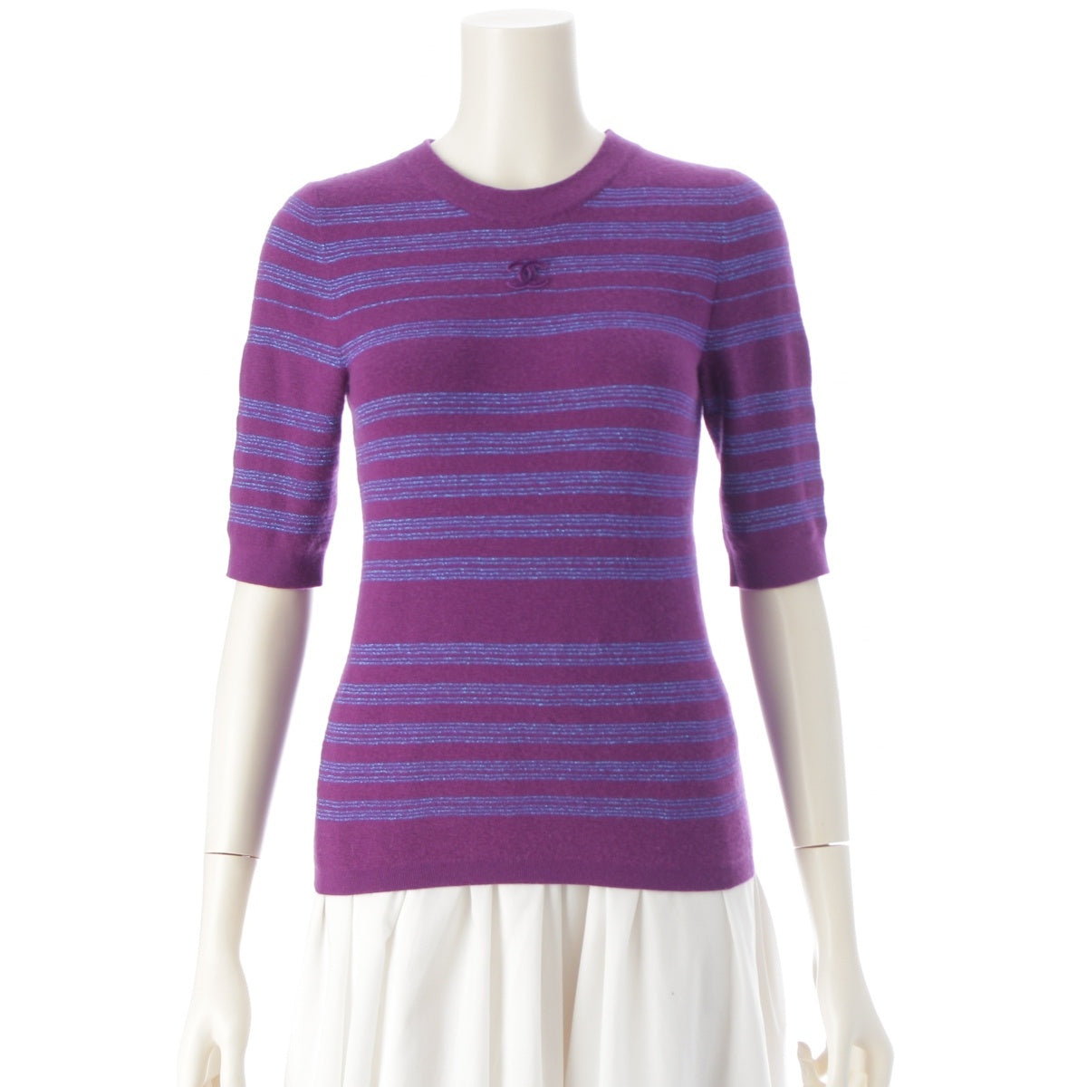 CHANEL cashmere COCO Mark Border Knit sweater tops P75749 purple 36