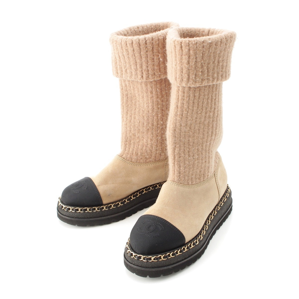 CHANEL suede Knit ankle boots with COCO Mark Chain accents boots G39468 Beige black 36 1/2