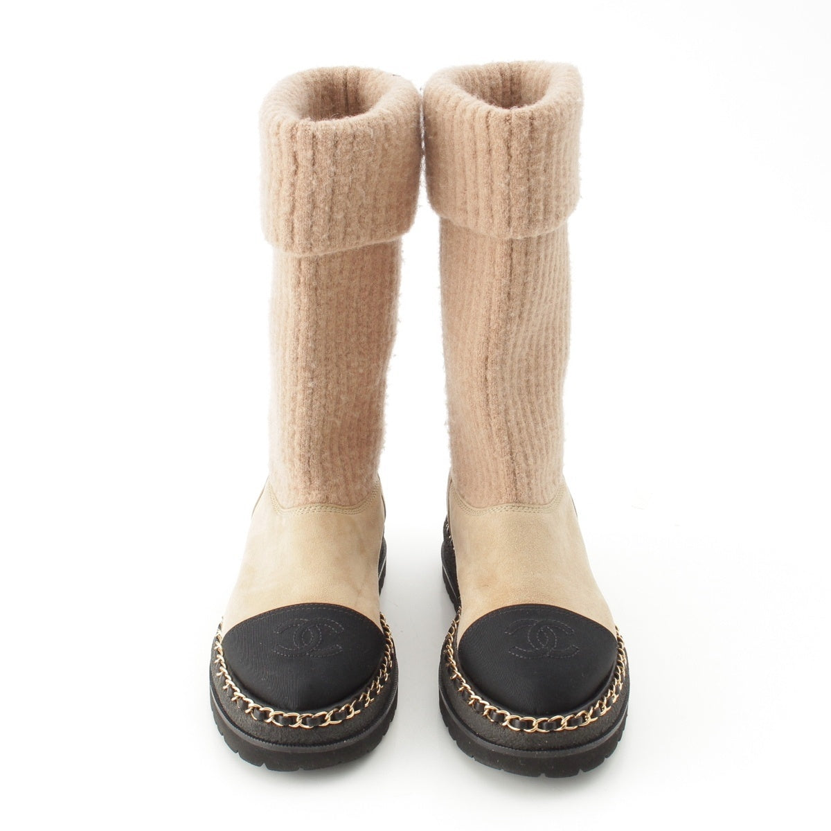 CHANEL suede Knit ankle boots with COCO Mark Chain accents boots G39468 Beige black 36 1/2