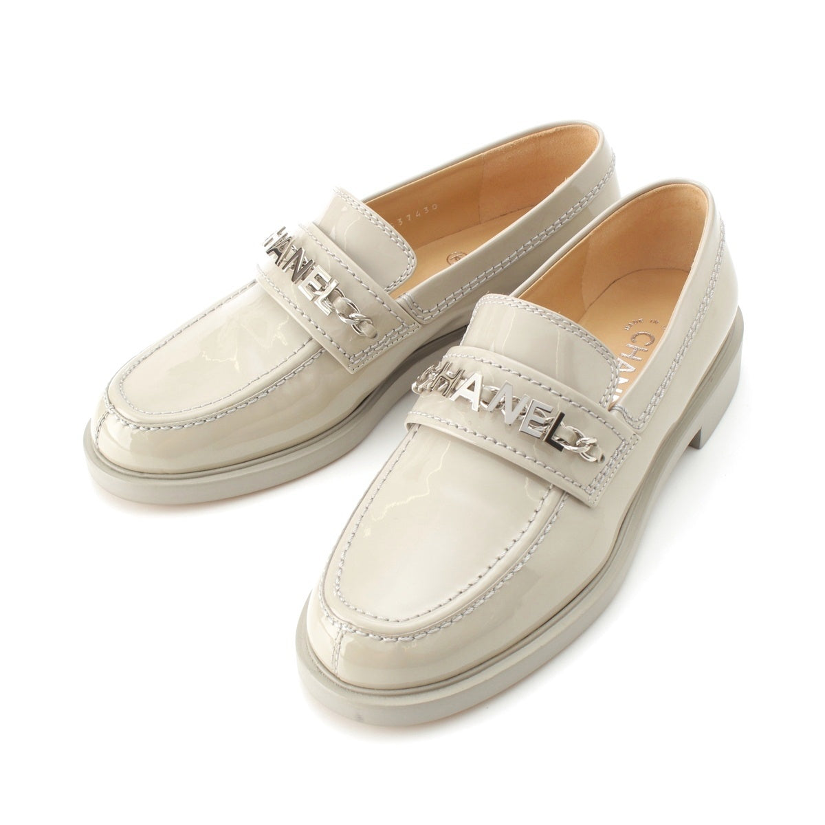 CHANEL Patent leather Logo Signature SilverMetal loafers shoes G37430 gray 37C