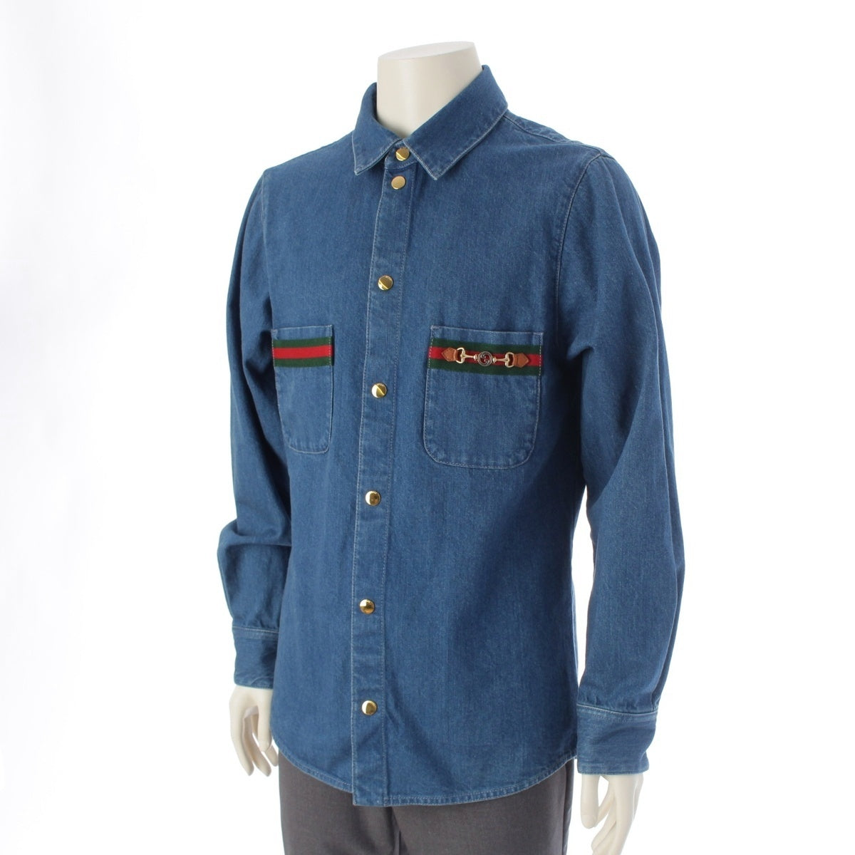 GUCCI Webline Sherryline denim GG logo Gold Metal Long sleeve shirt tops 626480 Indigo blue 46