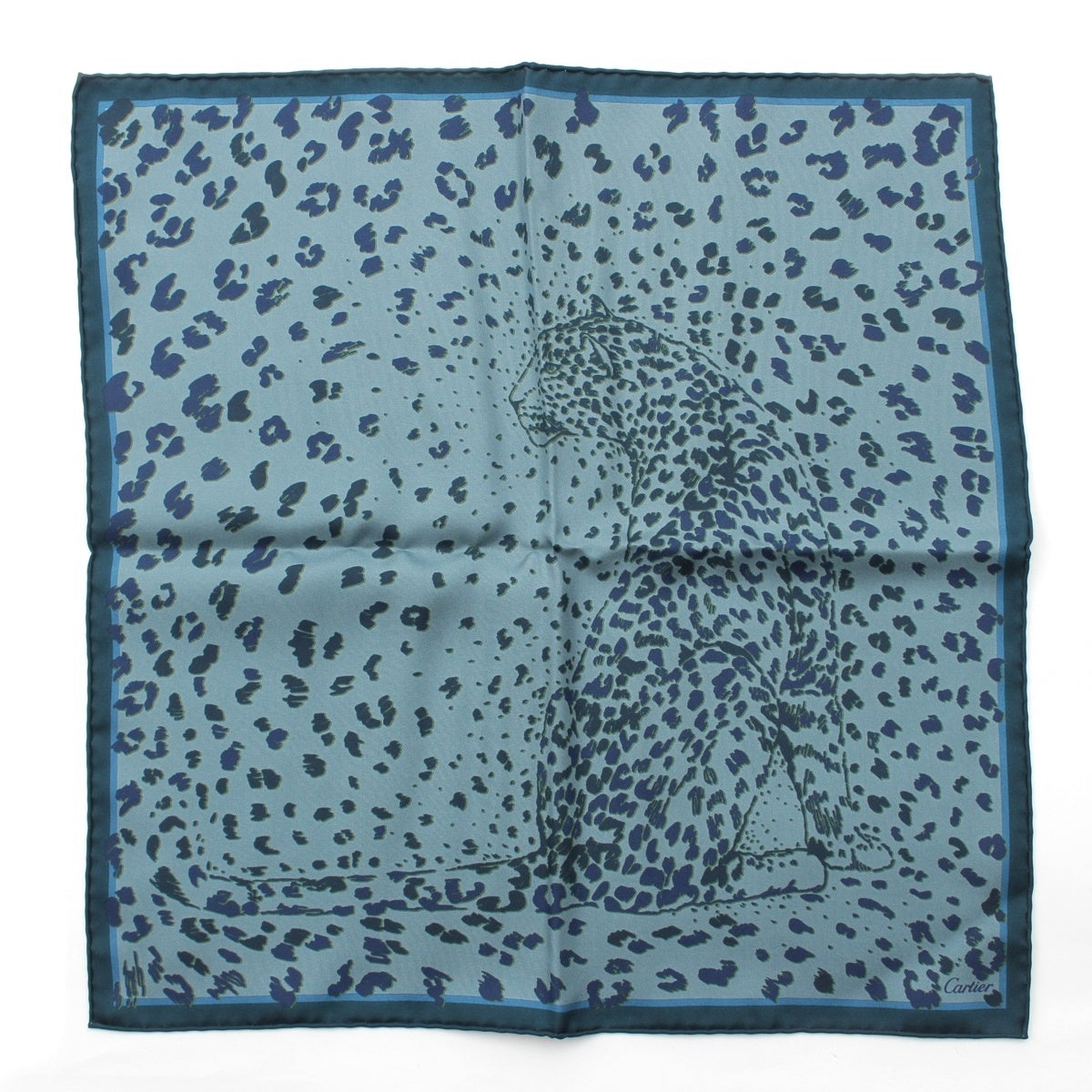 CARTIER PANTHERE silk Leopard print animal motif scarf blue