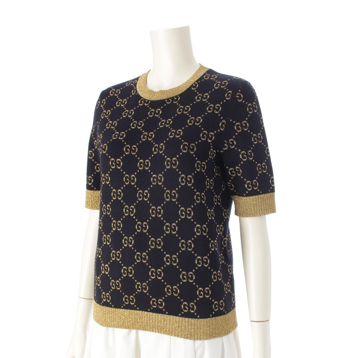 GUCCI cotton GG Lamé Fabric Short Sleeve knit tops 526759 Navy gold S