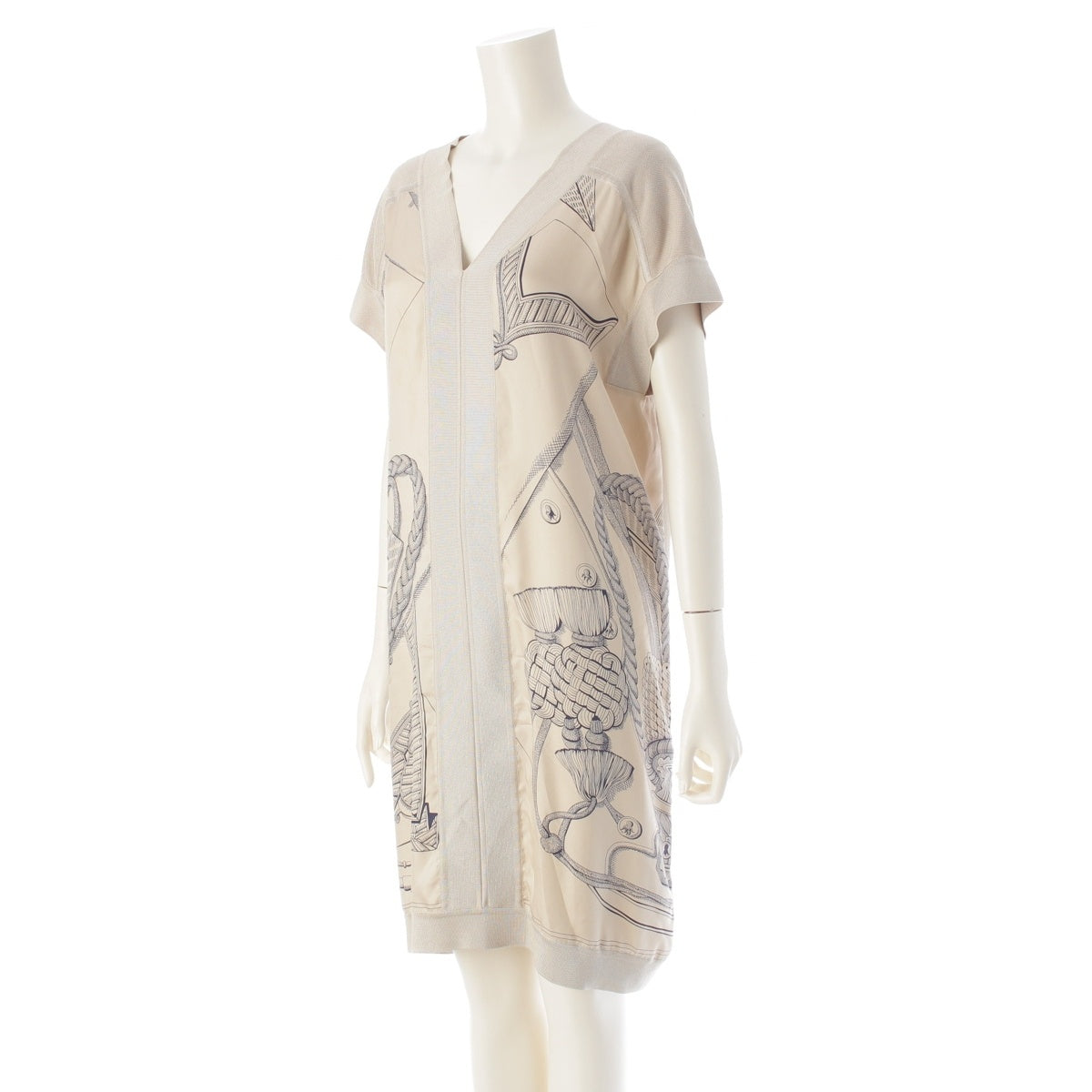 HERMES silk V-neck knit with contrasting twill laine fabric, sleeveless one piece dress beige 34