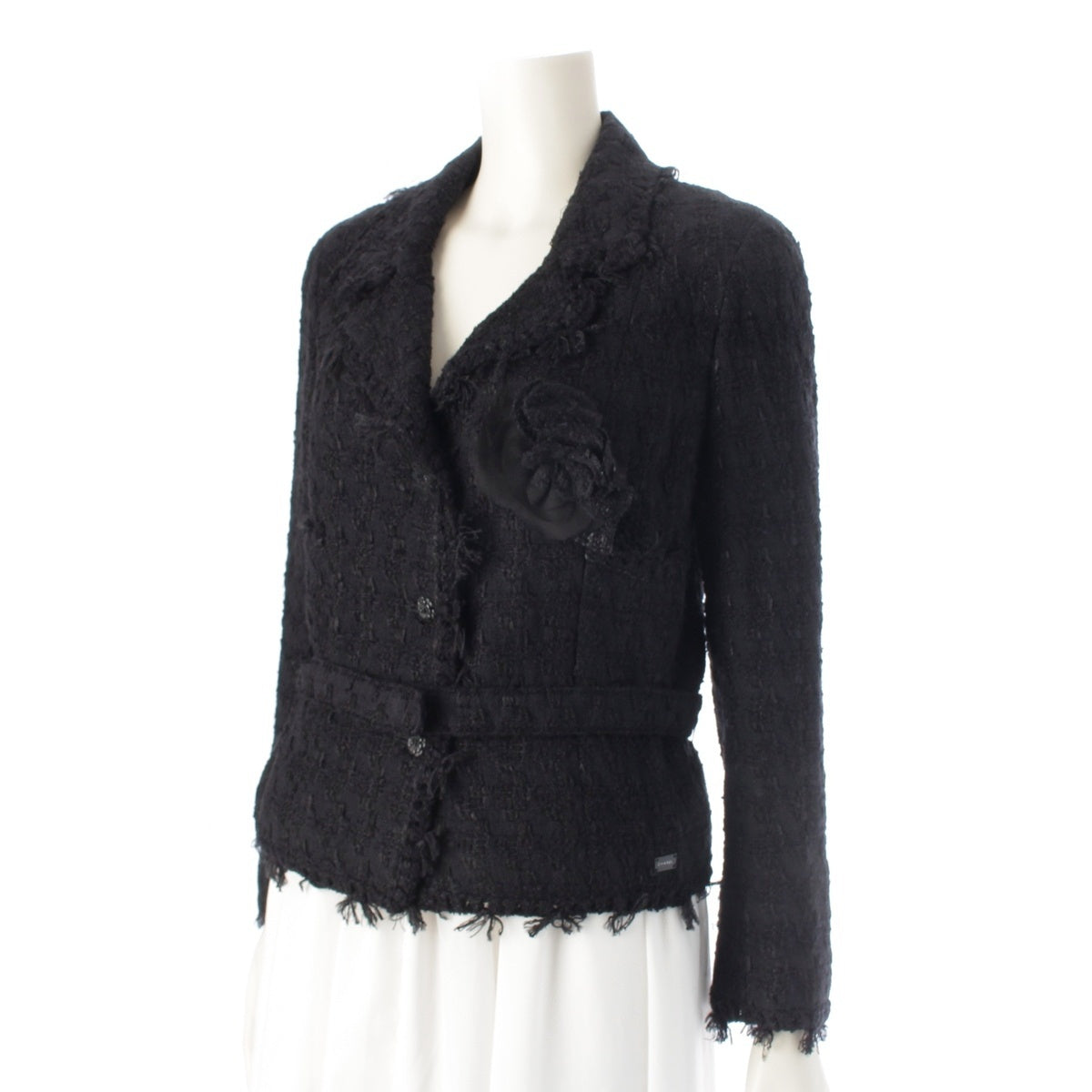 CHANEL Cotton wool Melia belted tweed tailored jacket P24873 black 36