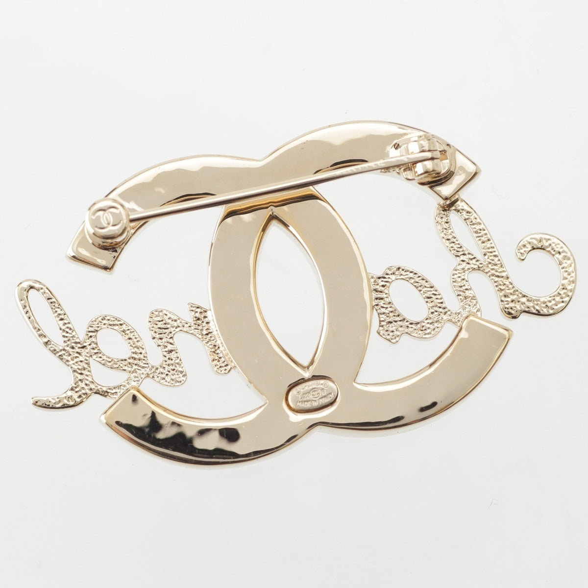 CHANEL Gold Plated COCO Mark Cursive Pearl Stone Logo Brooch gold