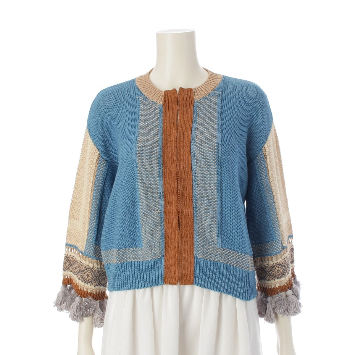 Mame Kurogouchi cotton Ethnic Pattern Fringe Knit cardigan tops MM18SS-KN054 multicolor 1