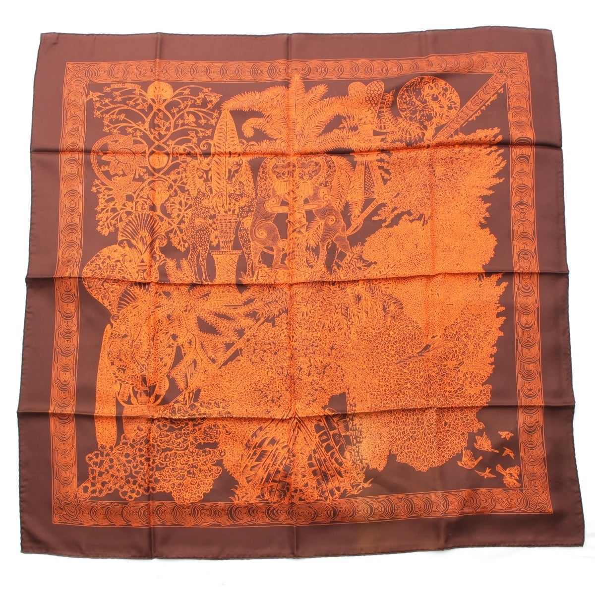 HERMES Calle 90 silk The Legends of the Arbre scarf Brown orange
