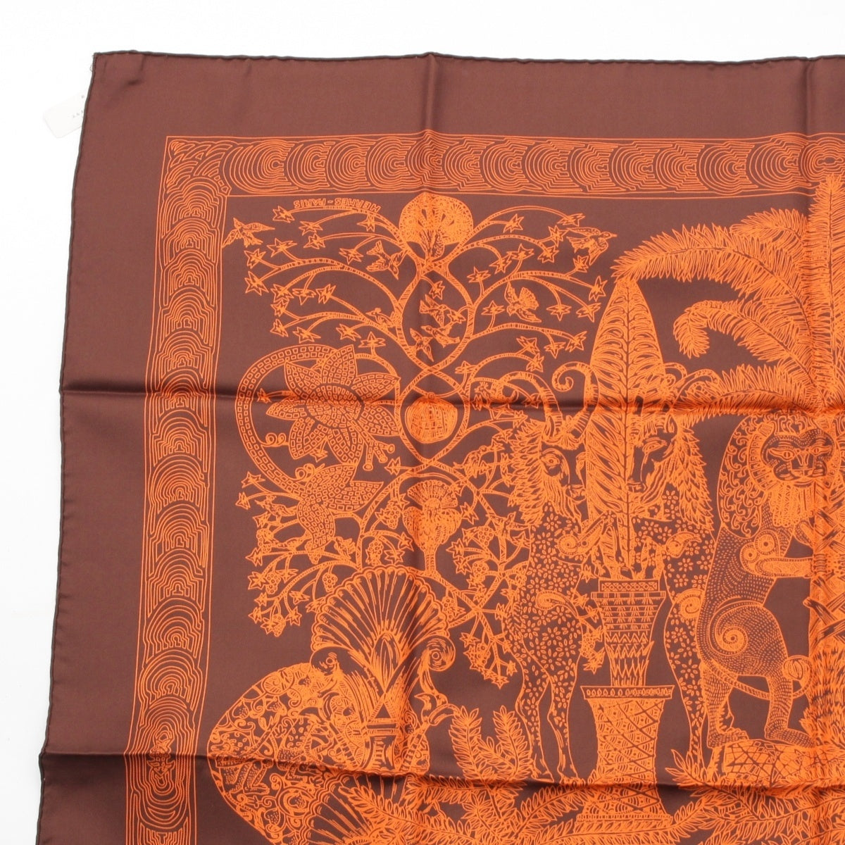 HERMES Calle 90 silk The Legends of the Arbre scarf Brown orange