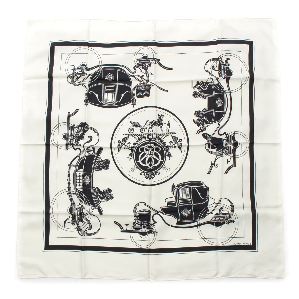 HERMES Carre 90 EX-LIBRIS silk Carriage Pattern scarf White black