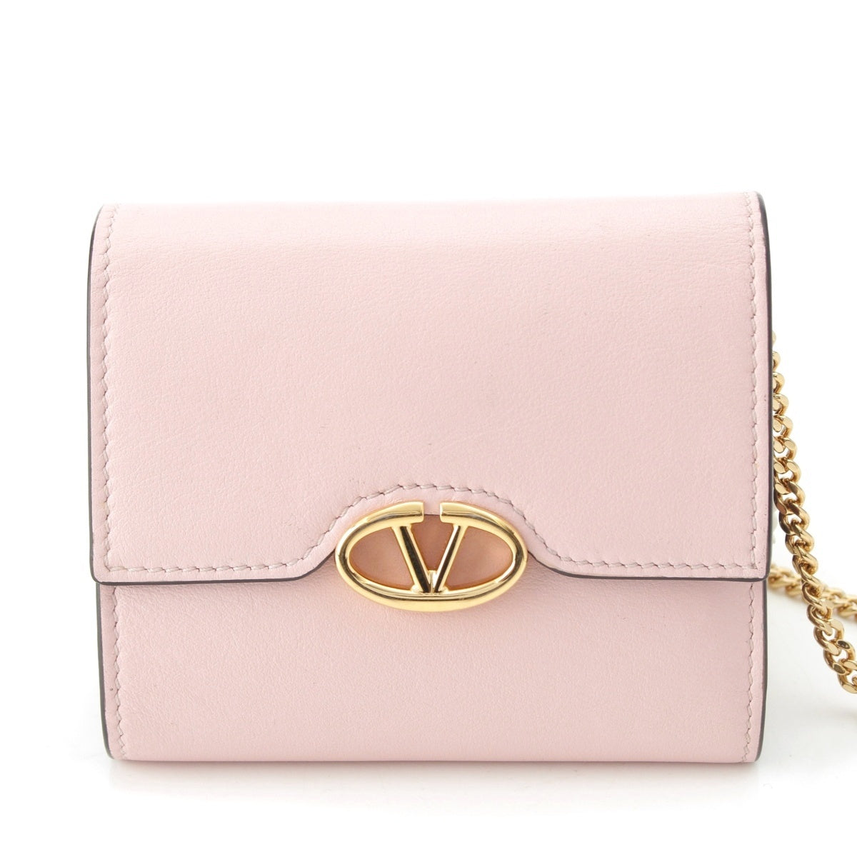 VALENTINO leather V Logo Chain Shoulder Compact Wallet Tri-fold wallet pink