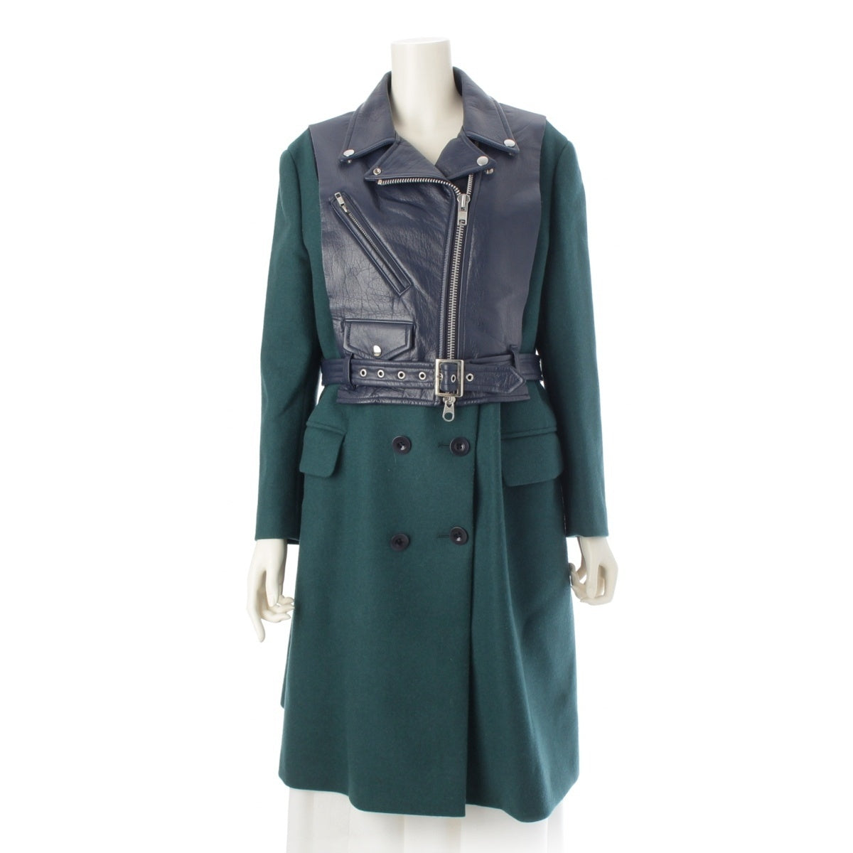 Sacai Leather Wool Cashmere Cowhide Biker Detail Coat Rider's Docking coat outer 13-01843 Blue x green 2