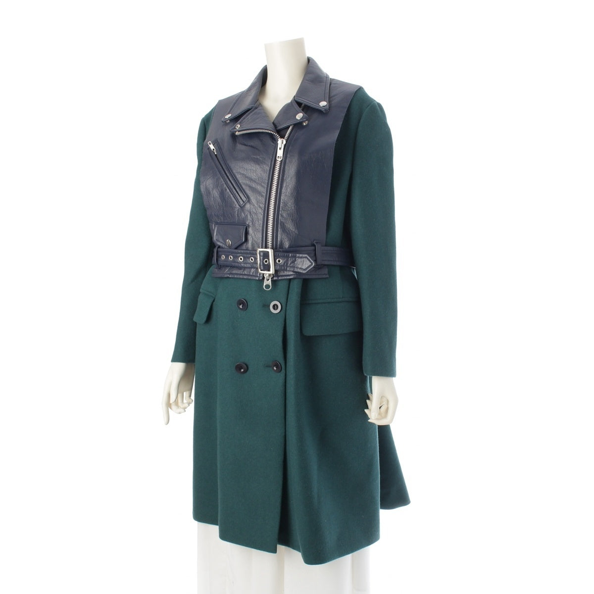 Sacai Leather Wool Cashmere Cowhide Biker Detail Coat Rider's Docking coat outer 13-01843 Blue x green 2