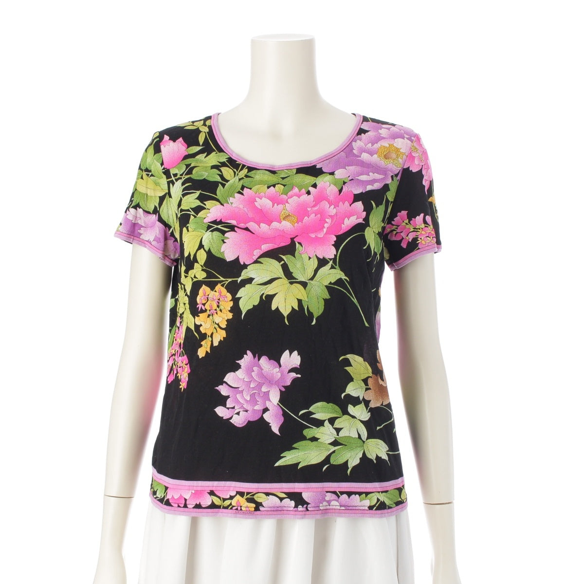 LEONARD fashion cotton Floral Print T-Shirt Cut Short sleeve top 0399216 Black pink L