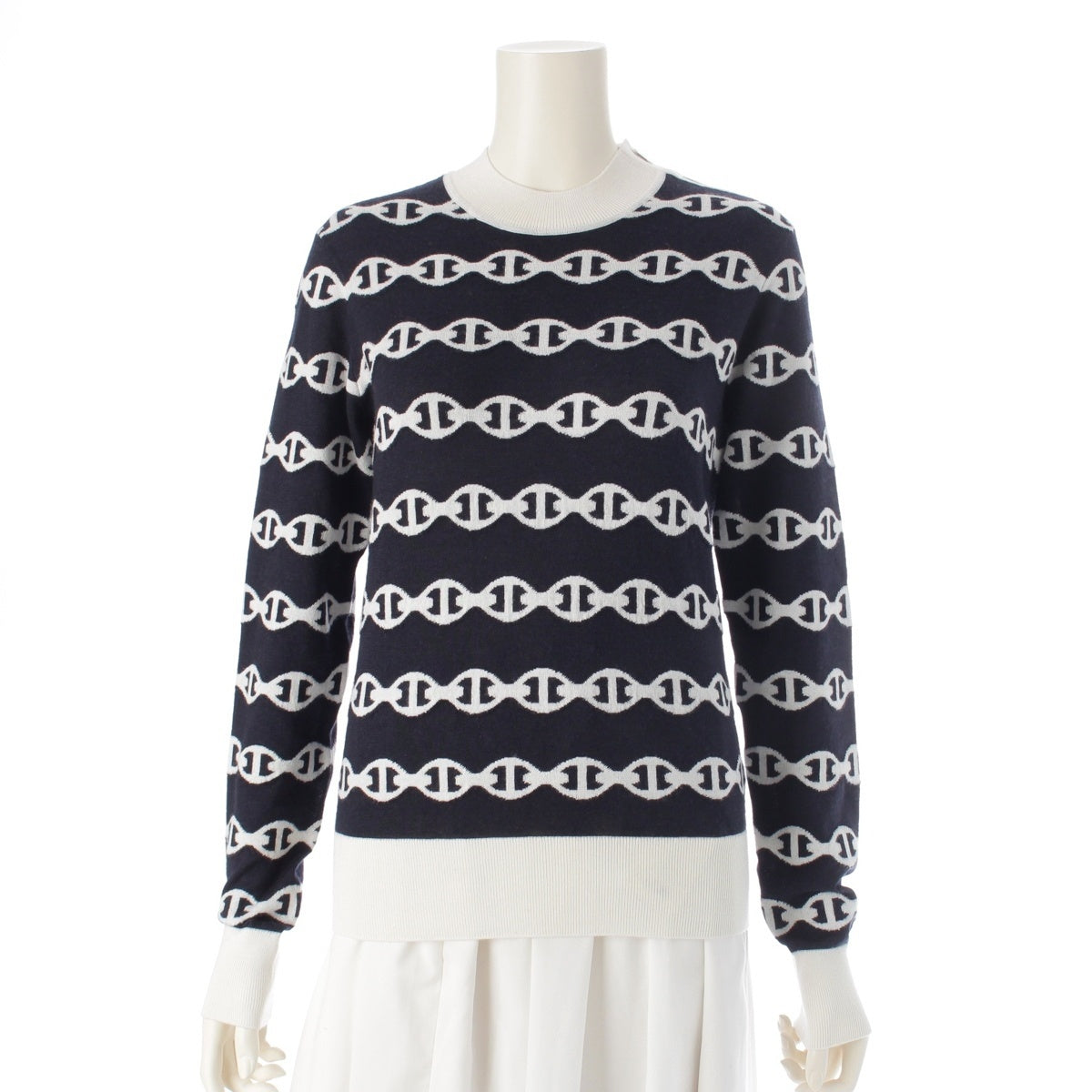 HERMES cashmere silk Chaine d'Ancre knit sweater tops Navy white 36