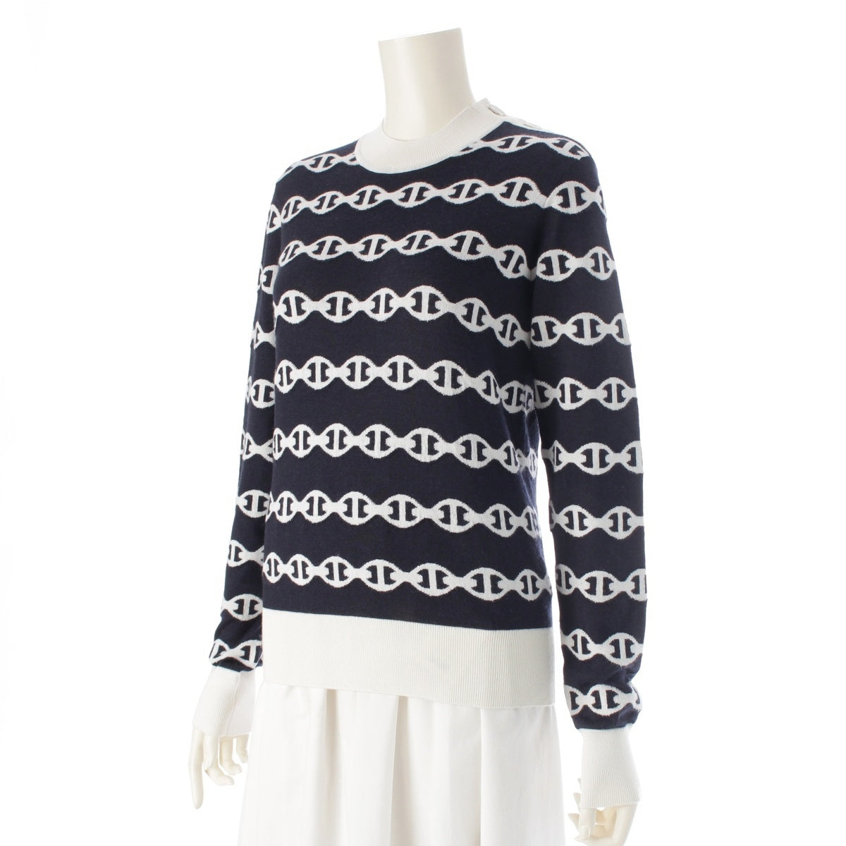 HERMES cashmere silk Chaine d'Ancre knit sweater tops Navy white 36
