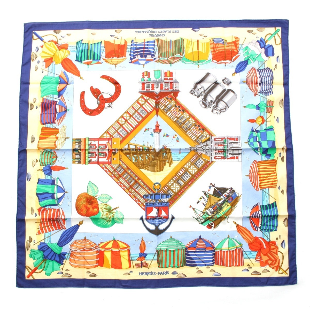 HERMES cotton Carré 70 Charmes des Plages Normandes The charm of the Normandy coast scarf Blue multicolor