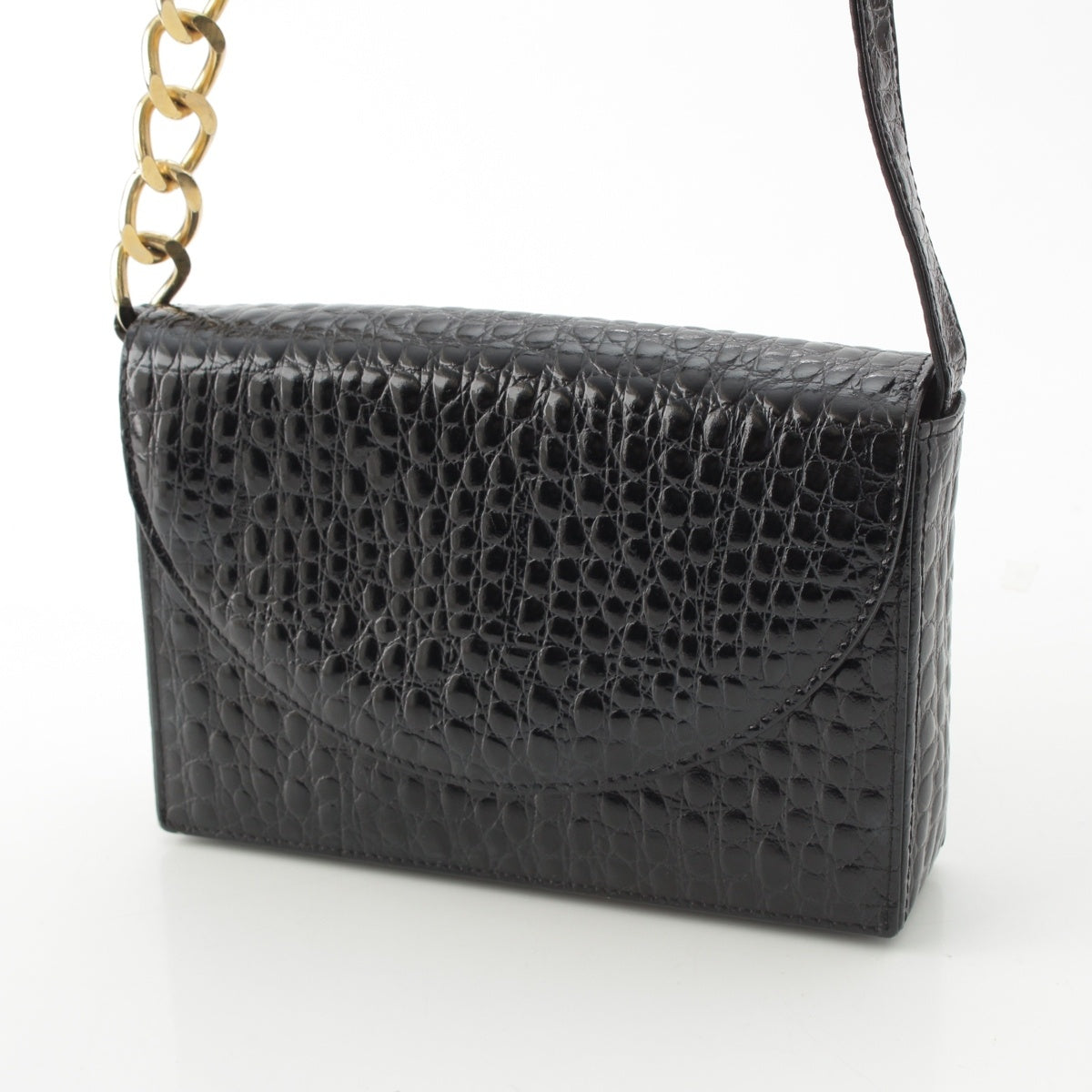 VERSACE leather Vintage Crocodile Embossed Chain Shoulder Bag black