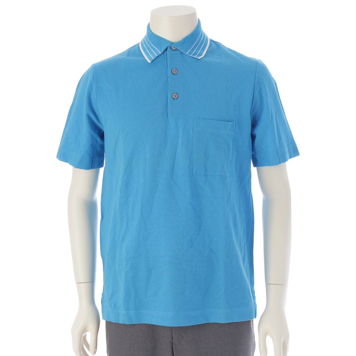 HERMES cotton H logo embroidery short sleeve Polo shirt tops blue S