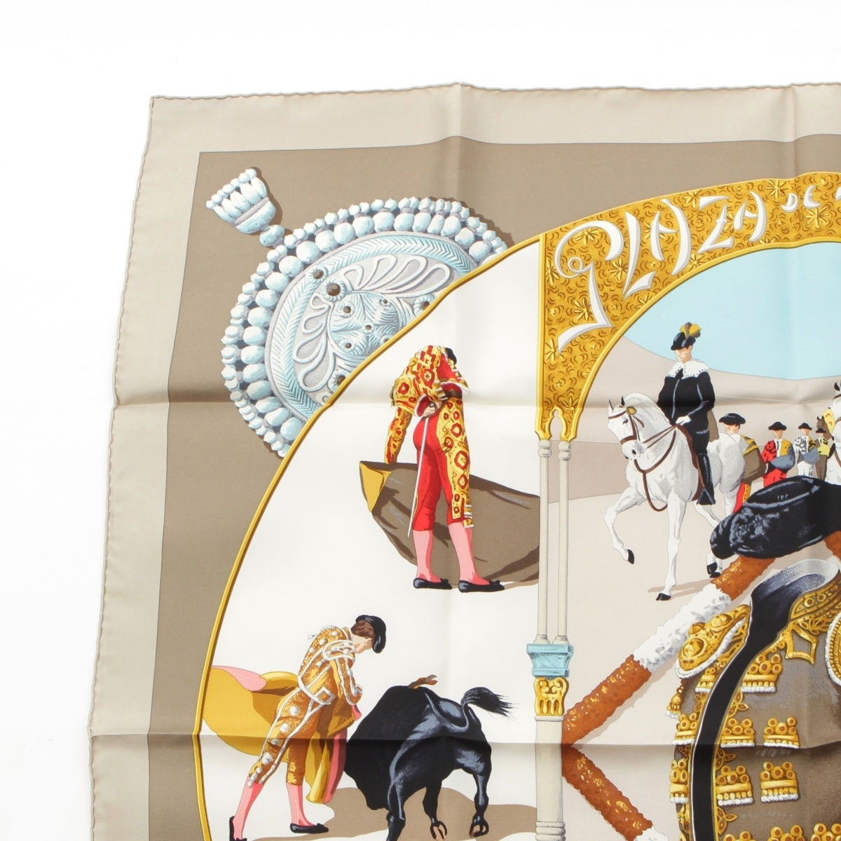 HERMES Calle 90 silk PLAZA DE TOROS Bullring scarf gray