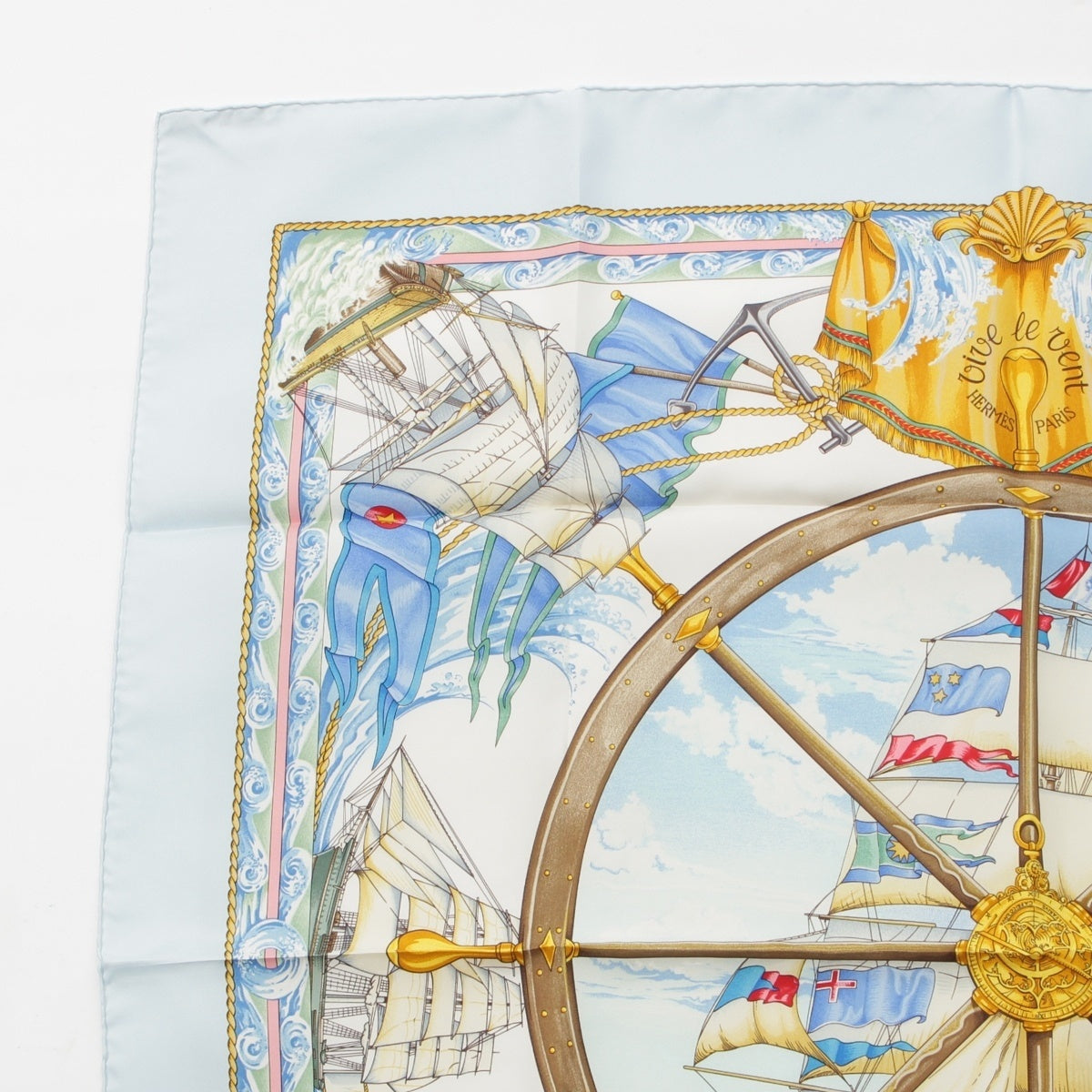 HERMES Calle 90 silk VIVE LE VENT Blow the wind scarf Light blue