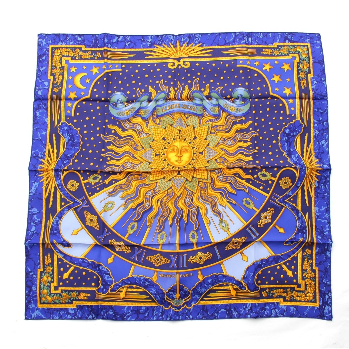 HERMES Calle 90 silk CARPE DIEM Enjoy your day today scarf blue