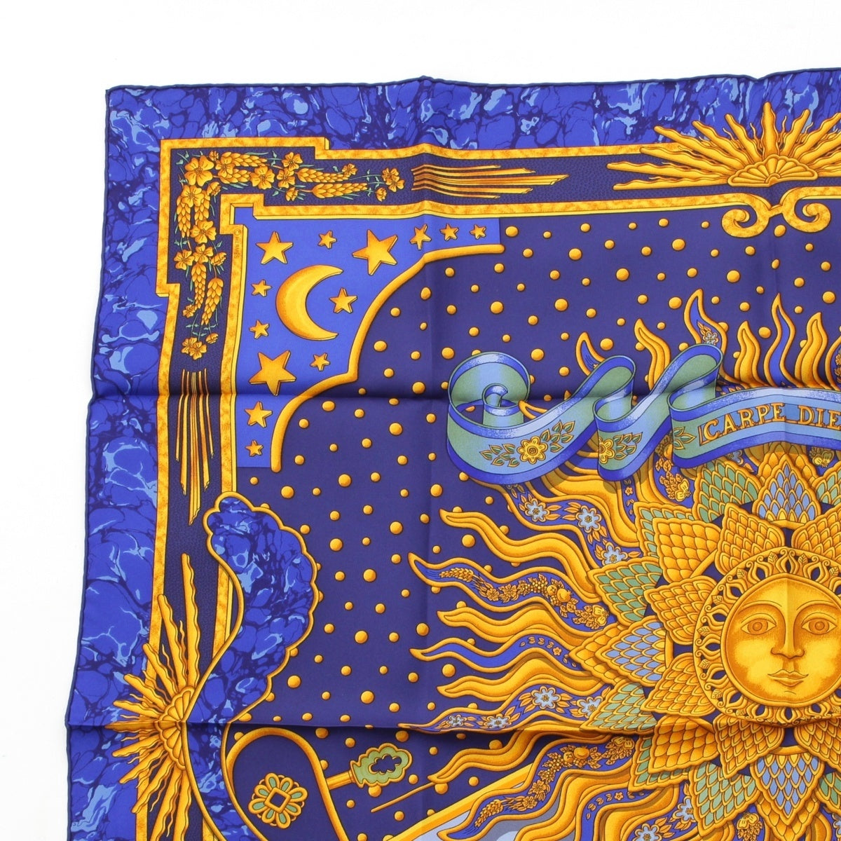 HERMES Calle 90 silk CARPE DIEM Enjoy your day today scarf blue