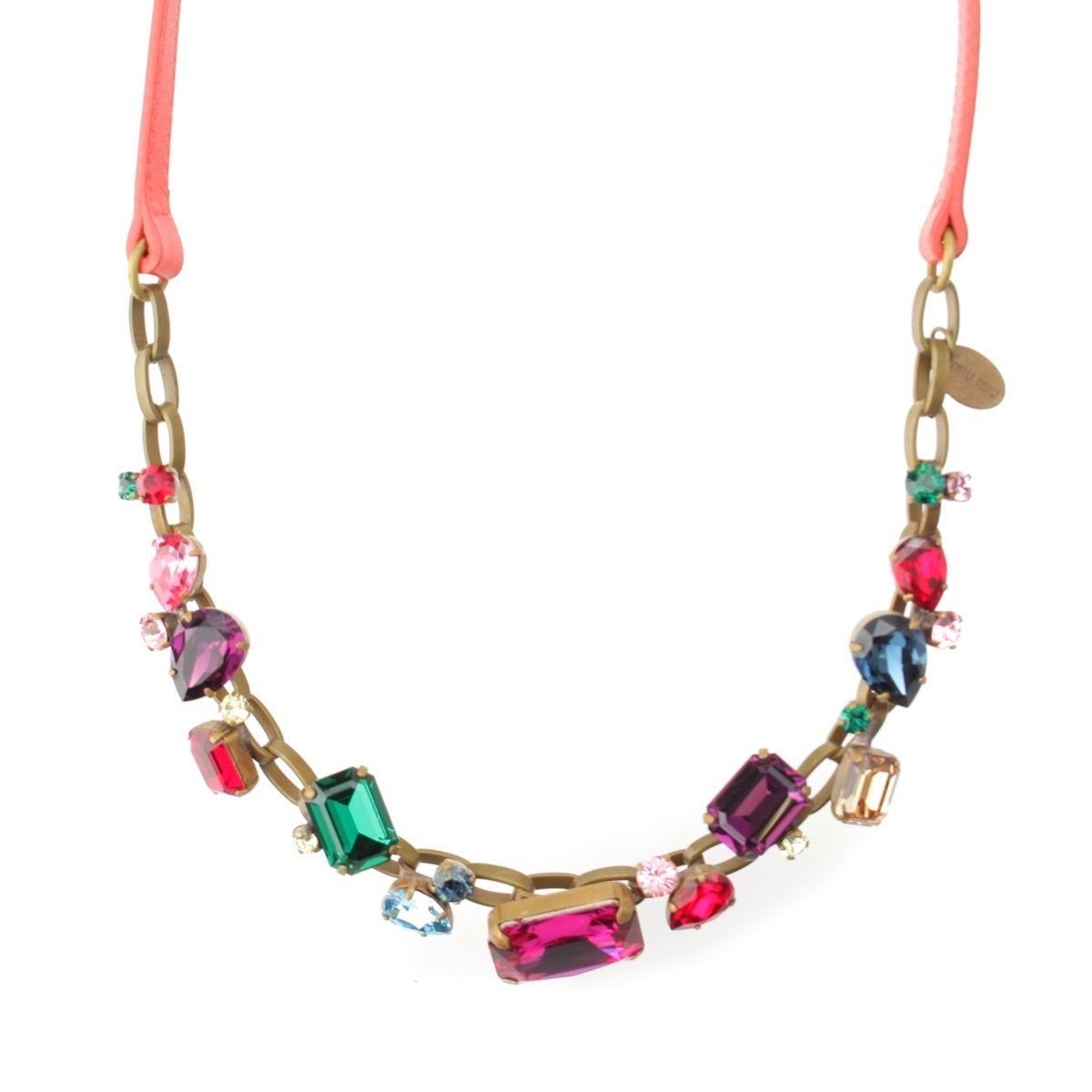 MIUMIU leather Beaded Crystal Stone Choker Necklace multicolor