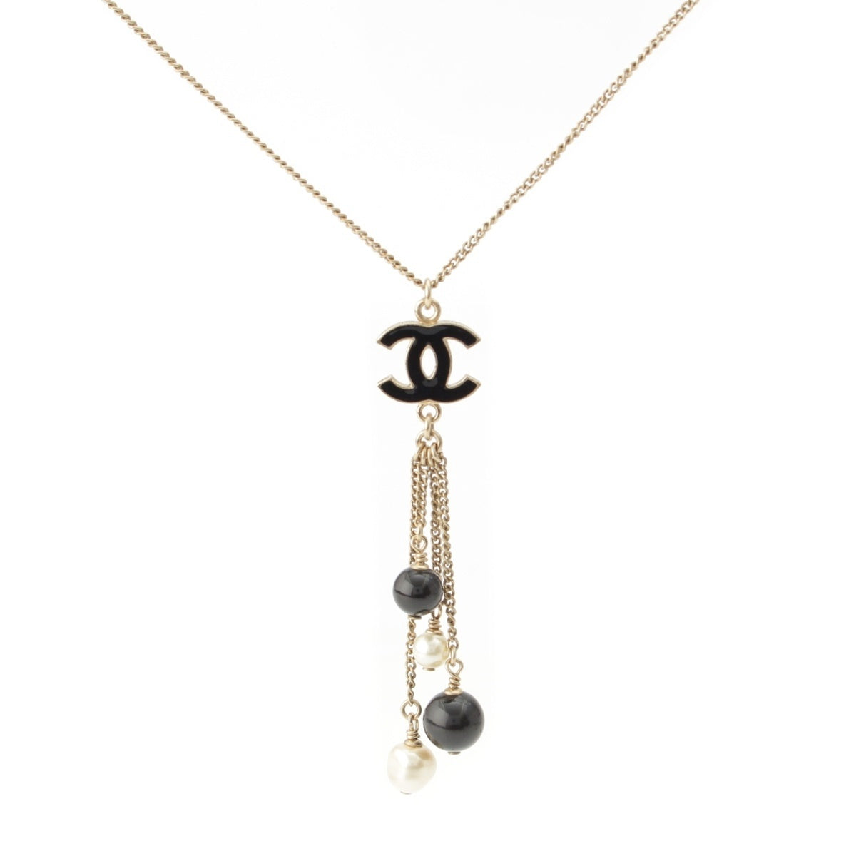 CHANEL Gold Plated B12P COCO Mark Pearl Necklace Accessories black