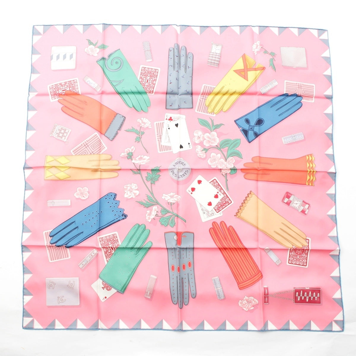 HERMES silk Carré 90 L'HEURE DES GANTS Glove Watch scarf pink