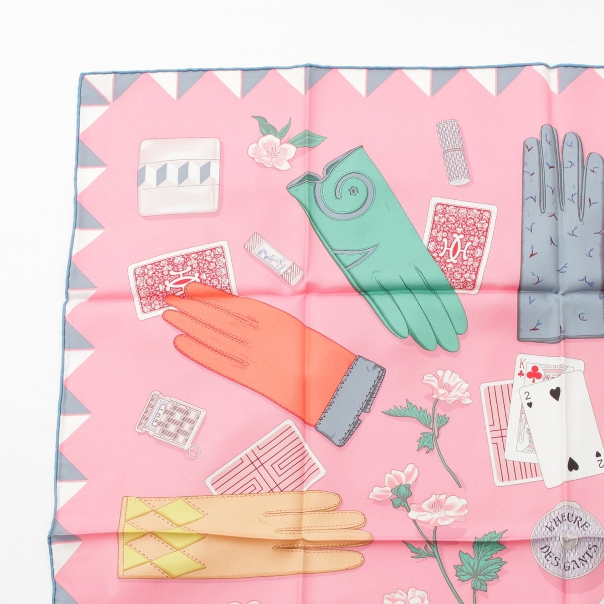 HERMES silk Carré 90 L'HEURE DES GANTS Glove Watch scarf pink