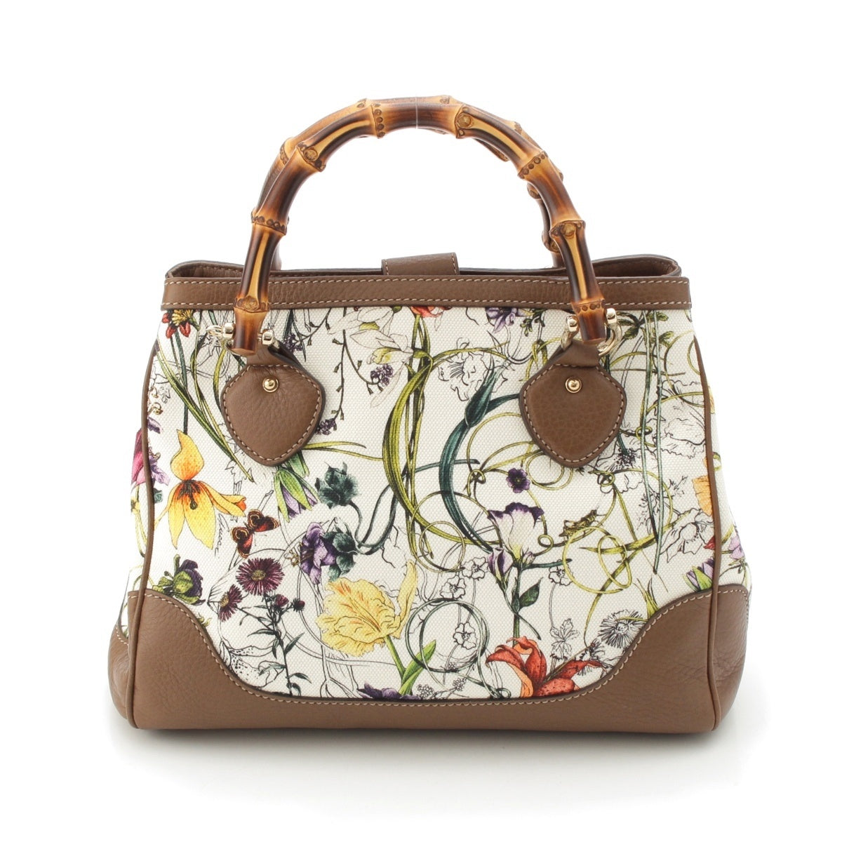 GUCCI Canvas x leather Diana GG Flora Bamboo 2-Way Shoulder Bag Handbag 308360 Beige brown