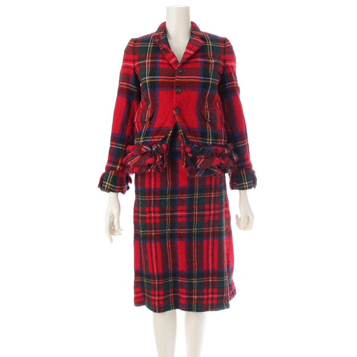 COMME des GARCONS Fulled wool Tartan check ruffle design modified jacket Skirt setup GS-04010S Red S