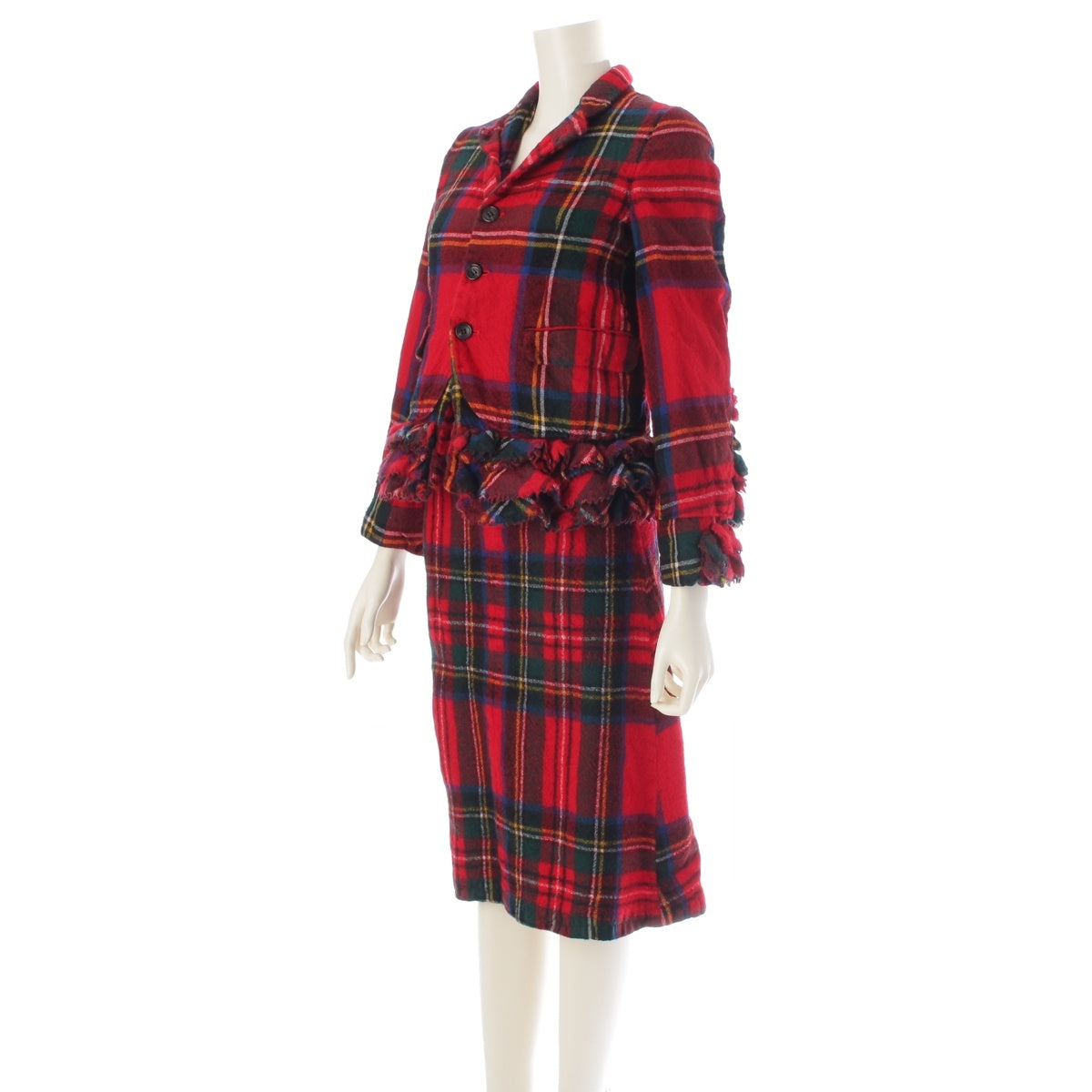 COMME des GARCONS Fulled wool Tartan check ruffle design modified jacket Skirt setup GS-04010S Red S