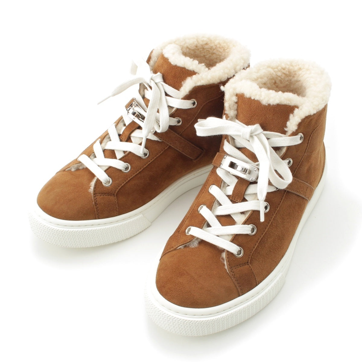 HERMES Suede Kelly Metal Boa Mouton High-top sneakers shoes Brown 37