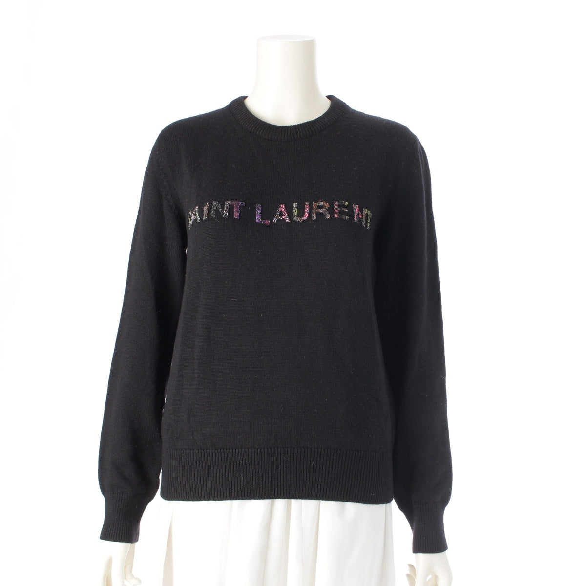 SAINT LAURENT wool Logo Beaded Crew Neck Knit sweater tops 550909 black S