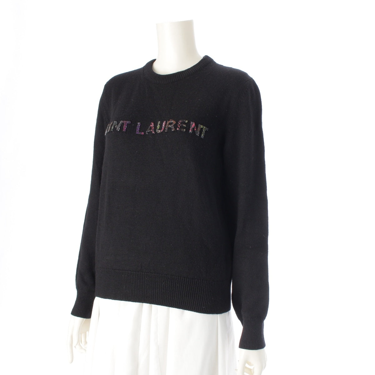 SAINT LAURENT wool Logo Beaded Crew Neck Knit sweater tops 550909 black S