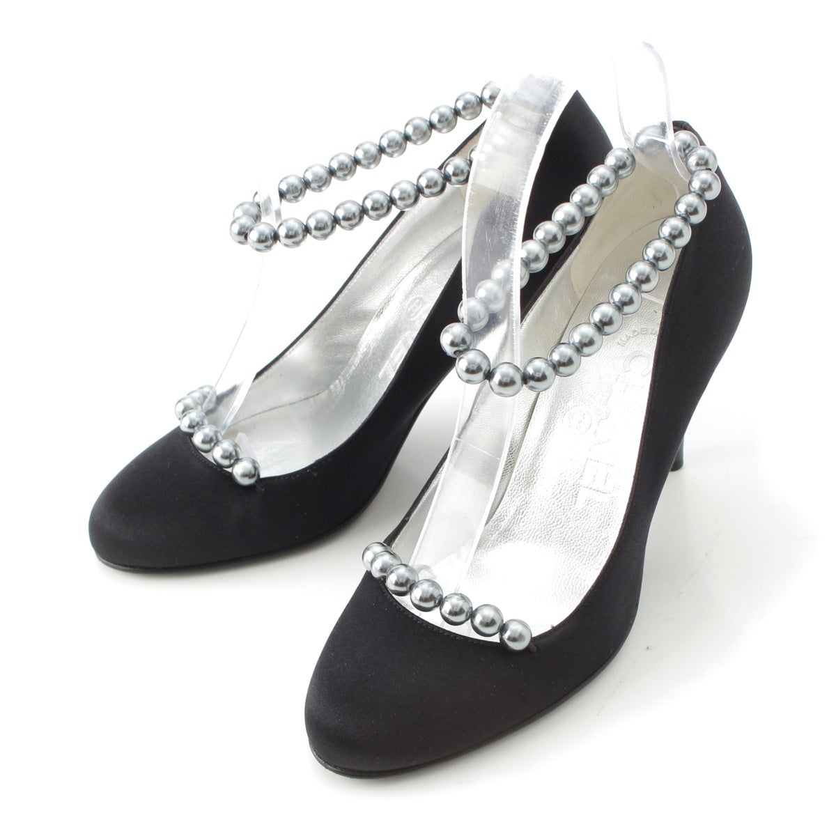 CHANEL Satin 05P Pearl Strap pumps black 34 1/2