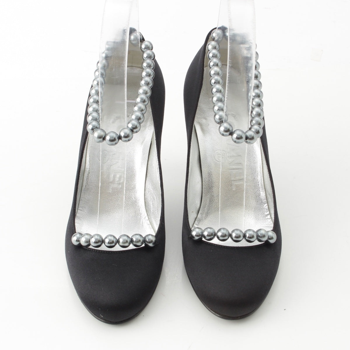 CHANEL Satin 05P Pearl Strap pumps black 34 1/2